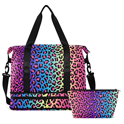 Weekender Bag for Women, Rainbow Leopard Cheetah Gym Bag Sports Duffle Bag Travel Tote Bag with Toiletry Bag Shoes Compartment Dry/Wet Separation Swim Bag2