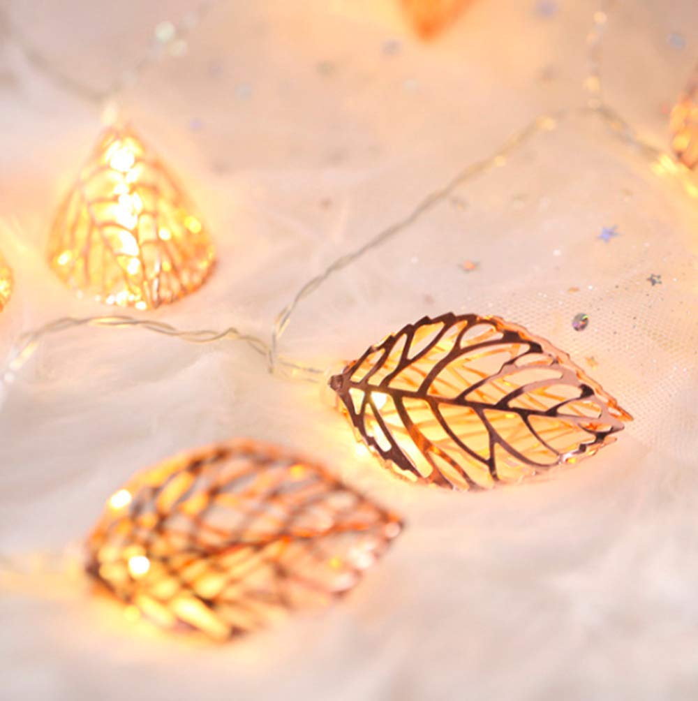 Hulx Rose Gold Geometric String Lights, 3M 20Led Metal Fairy String Lights Geometric Metal Fairy Lights Battery Operated Fairy Lights (Leaves)