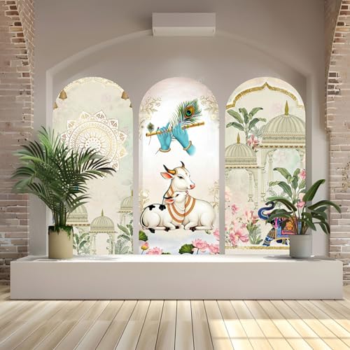 Image of Ridit Creation Krishna Cow Wall Poster Set of 3 (120x90 cm) | Modern Religious Wall Art | Lord Krishna Flute with Cow Canvas Print | Decorative Wall Poster for Living Room, Bedroom & Temple Decor