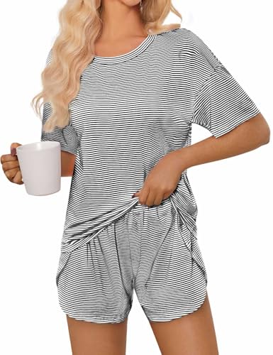 Image of JUSTFASHIONNOW Womens Pajama Sets Shorts Striped Print Two Piece Lounge Sets Crew Neck Sleepwear Split Shorts Set Soft Pjs