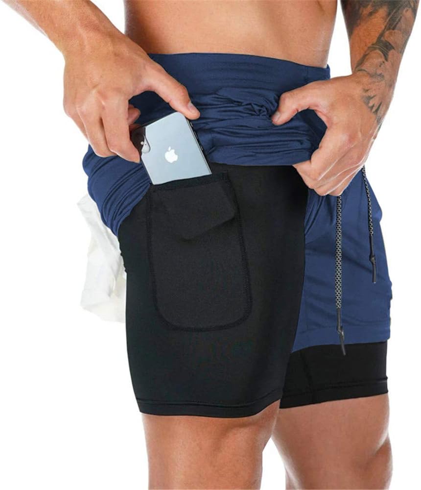 Mens Running Gym 2 in 1 Sports Shorts Breathable Outdoor Workout Training Shorts with Pockets
