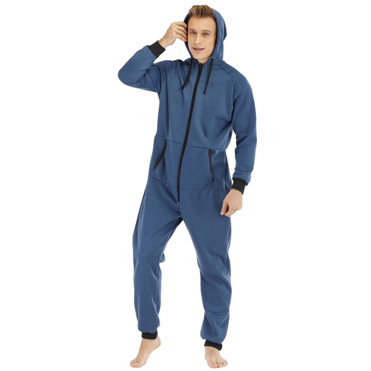 Pyjama Grenouillere Homme Combinaison Pyjama a Capuche Casual Polaire Doublure Mélange de Coton Zippé Adulte Une Pièce Hiver Automne Chaud Confortable Homewear