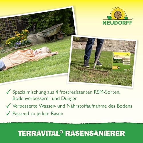 Neudorff TerraVital RasenSanierer – Vertikutier-Mix für 150 m² zur Neuanlage und Ausbesserung lückenhafter Rasenflächen nach dem Vertikutieren, schnellkeimend, 4,5 kg