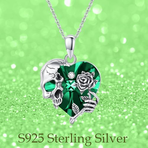 Image of S925 Sterling Silver Skull Pendant Necklace Heart Crystal Birthstone Skull Necklace Gothic Jewlery Gifts