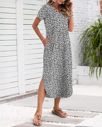 Image of MISFAY Women's Summer Maxi Dress 2026 Casual Short Sleeves V Neck Loose Sundress Split Long Beach T Shirt Dress