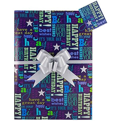 Happy Birthday Gift Wrap Pack, Blue, Two Sheets, Two Matching Gift Tags and Two Matt Silver Pull Bows. Men’s Birthday Gift Present Cover