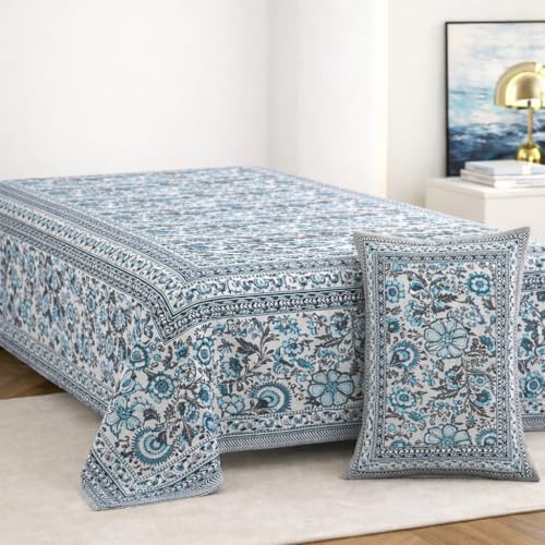 Image of elanorhomes 100% Cotton 240 TC Single Bed Sheet Set | Floral Hand Printed Bedsheet with Pillow Cover | Soft Breathable Fabric for Bedroom | 60x90 Inches (Bachelor Fulwari Print)