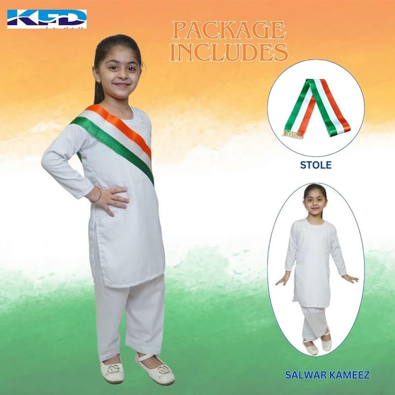 Image of Kaku Fancy Dresses Indian Wear Salwar Kameez Costume for Independence Day /Republic Day | Tri Color Dupatta Stole Pompom Set for Girls