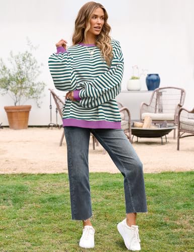 Image of UEU Women Oversized Striped Crewneck Sweatshirt Long Sleeve Color Block Pullover Tops Casual Loose Workout Shirt