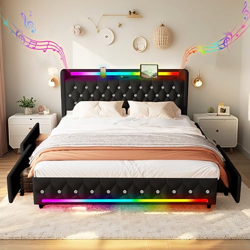Juego 5-in-1 Full Size Bed Frame with Bluetooth Speakers,Velvet Upholstered Platform Bed with Headboard,Charging Station,LED Lighting,4 Drawers Storage,Wooden Slats Support,No Box Spring Needed,Black