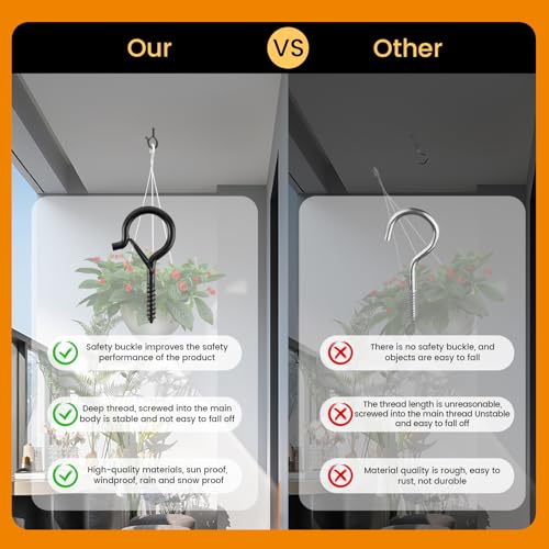 Image of TAIHUIMY 50 PCS Q-Hanger Hooks with Safety Buckle, Windproof Screw Wall Ceiling Hooks for Outdoor String Lights Hanging Christmas Lights, Plants, with 1 Wing Nut Driver (Black, 50 Pack)