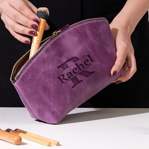 Luxury Personalized Leather Makeup Bags Crafted in USA, Full-Grain Leather Cosmetic Bag Engraved Name Initials or Logo, Birthday Anniversary Christmas Gift or Mother Gift, Italian Zipper, Make-up Purse for Women4
