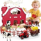 Big Red Barn Toys for Toddlers 1-3, Farm Animal Figures Playset with Tractor for 2 3 4 5 Year Old Kids, Musical Preschool Montessori STEM Learning Toys, Christmas Birthday Easter Gift for Boys Girls