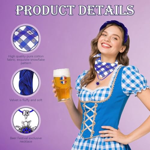 DONCOO Oktoberfest Halstuch Kariert,Stirnband +Edelweißkette,Trachtenschmuck Set,Oktoberfest Accessoires,Trachten Accessoires Damen,Damen Oktoberfest Accessoires(Blau)