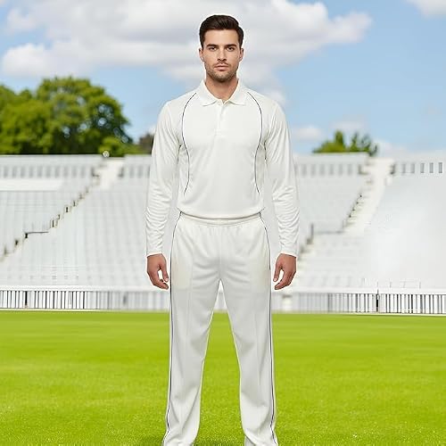 REINDEER Men\'s Cricket Full Sleeve Jersey and Pant Set, White Polyester, Athletic Fit with Blue Piping, Professional Sports Uniform(38)