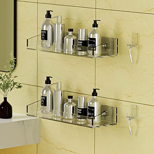 Sinminou Acrylic Shower Caddy Shelf 2- Pack Of Traceless Adhesive Wall Mounted, No Drilling And Anti-Rust, Clear Storage Rack For Shampoo Holder, Floating Acrylic Bathroom Shelves With Hooks For Razor #TOP3