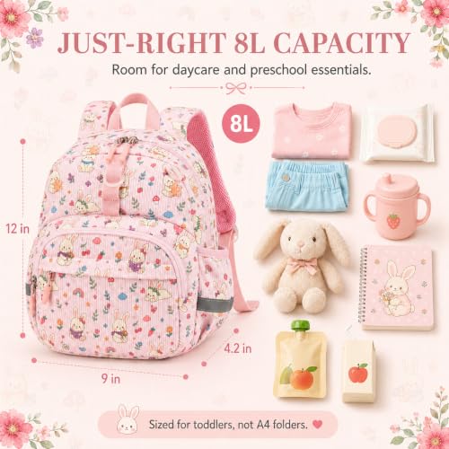 Image of LOIDOU Toddler Backpack for Girls Ages 2-4, 12 Inch Mini Preschool Daycare Bookbag with Insulated Snack Pocket, Corduroy Small Kids Travel Backpack, Pink Bunny