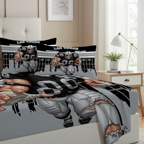 Allenjoy Las Vegas American Football Black Edge Sheets Set with Fitted Sheet, Flat Sheet and 2 Pillowcases for Men Fans Boys Teens Son Bedding Bedroom Decor, Queen Size