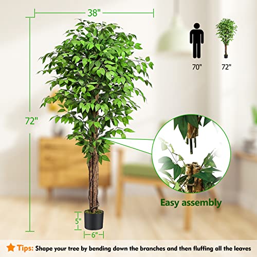 Image of 6.2ft Ficus Artificial Trees with 3 Natural Curved Trunks, 74 inch Tall Lush Faux Tree for Home Decor Indoor, Green Lifelike Fake Ficus Tree Plants (Set of 2)