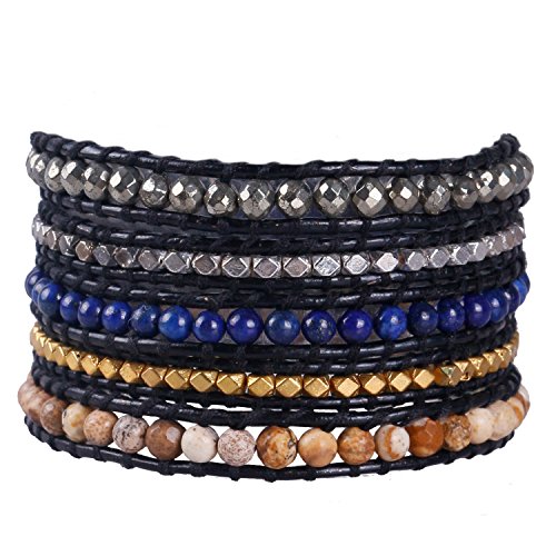 Image of KELITCH Mix Beaded with Metal Bead Bracelet on Leather 5 Wrap Bracelet Handmade New Top Jewelry (Dark Blue)