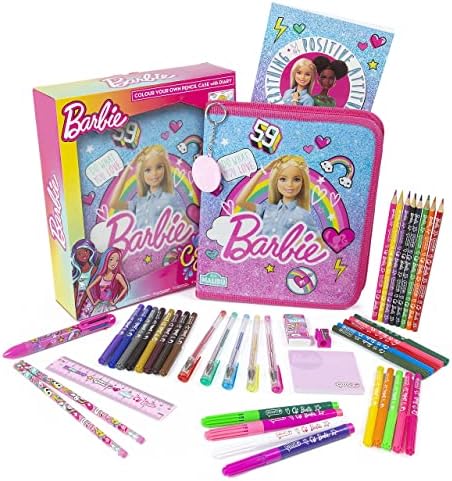 Barbie Colour Your Own Pencil Case Including Diary, 4 Colour Change Markers 5 Gel Pens and 6 in One Marker - Art Craft Set - Kids Stationery Sets for Girls
