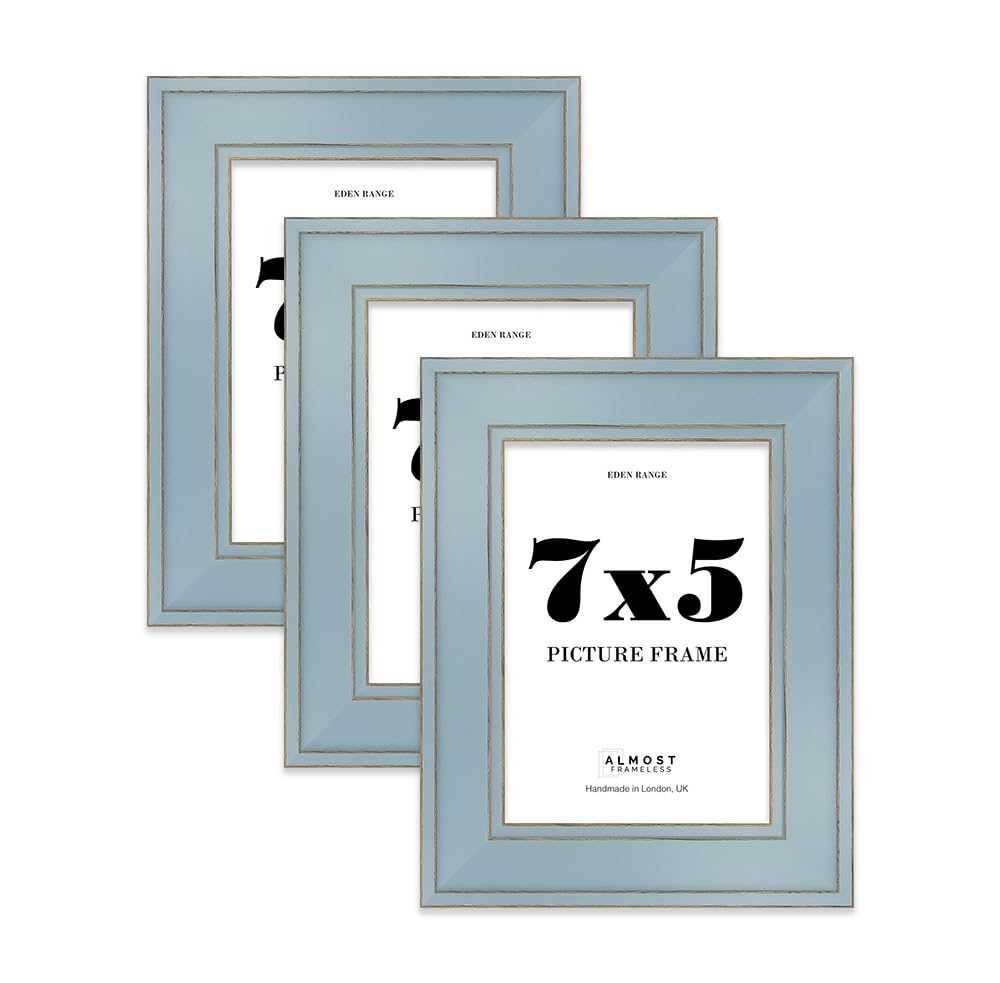 7x5 Cornflower Blue Picture Frame - Shabby Chic Photo Frame with Distressed Finish, Gold Trim, Wall Hooks and Kickstand, 37mm Edge - 3 Pack