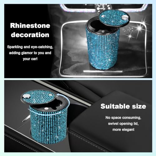 Image of Car Cigarette Ashtray with Lid, Stainless Steel Bling Crystal Diamond Smokeless Fireproof Vehicle Ashtray Holder, Portable Sparkling Ashtray Cup Holder for Car Home Office (Blue)