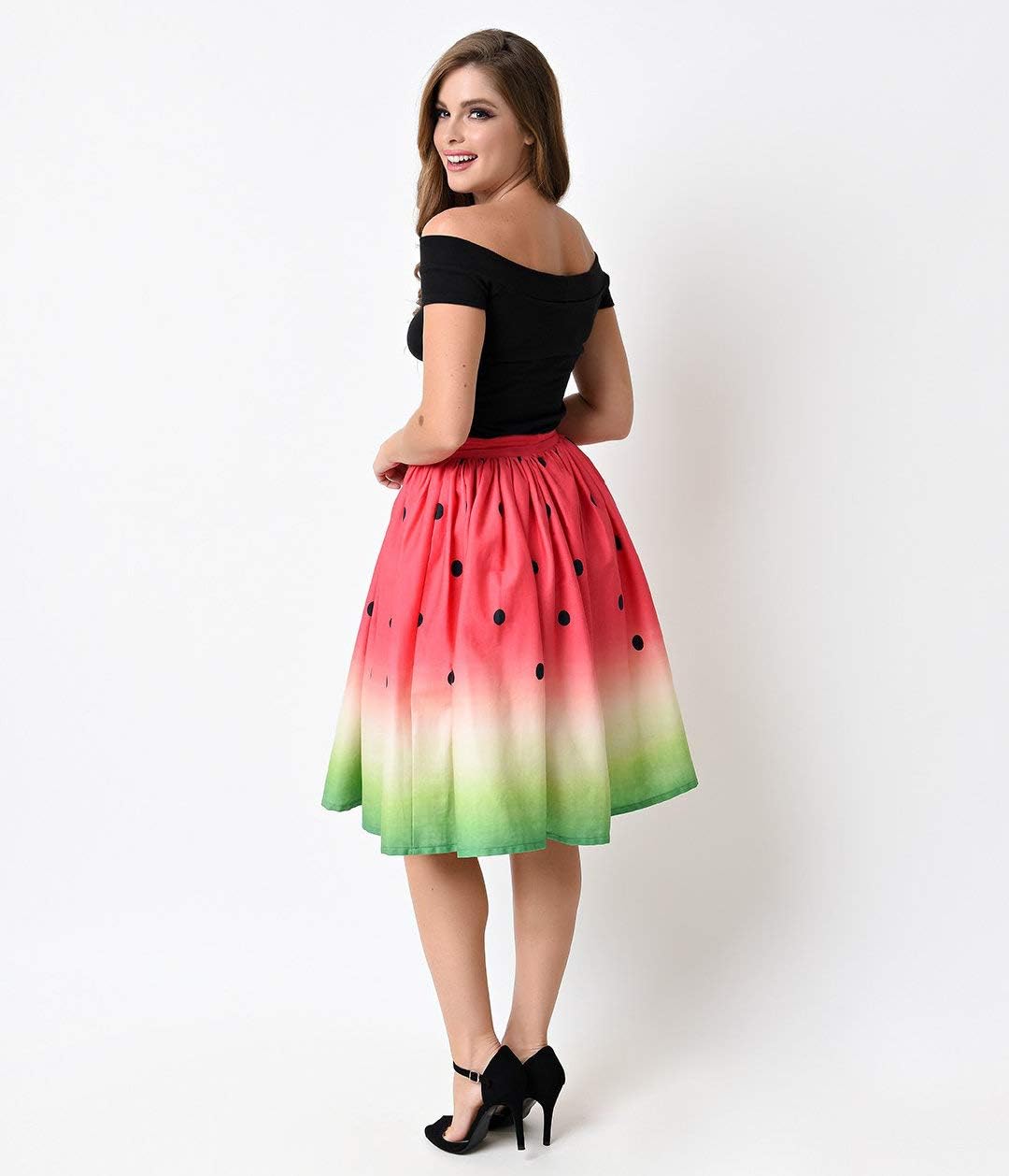 Women's Digital Print High Waisted A-Line Pleated Vintage Midi Skirts