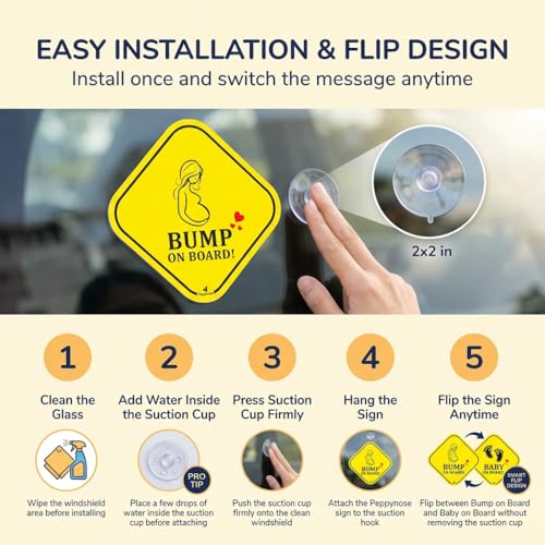 Image of 2-in-1 Reversible Baby on Board & Bump on Board Car Hanging Sign - Mom on Board Pregnancy & Newborn Safety Sign for Rear Windshield with Suction Cup, 300 GSM Laminated Board, 14.5 cm, Yellow (1, 14.5 x 14.5 cm)