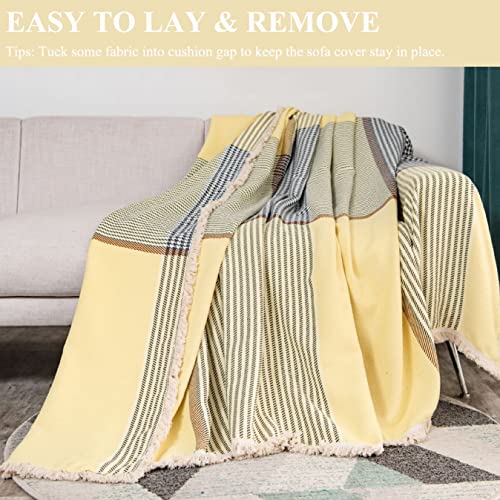 Dreamingo Furniture Protector Couch Cover Cotton Linen Sofa Covers For 3 Cushion Couch Yellow Sectional Couch Covers For Dogs Durable Houndstooth Jacquard Couch Throw Cover With Tassel, 71" X 118" #TOP5