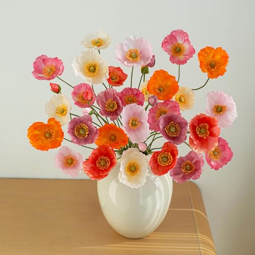 Wenhuidr 12PCS 36Heads Artificial Poppy Flowers with Stems Silk Iceland Poppies Fake Flowers Faux Poppy Bouquet for Wedding Table Arrangements Party Floral Display Home Decor (Orange+Red+Purple)