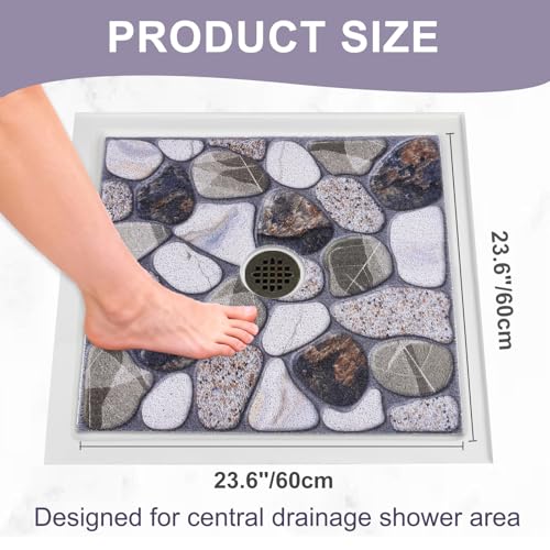 Image of Square Shower Mat Non Slip: 24x24 Inch Extra Large Shower Mats with Drain Hole in Middle -Anti Slip Shower Mats for Inside Shower -Loofah Shower Floor Mat Bath Mat for Shower Stall Bathtub Elderly