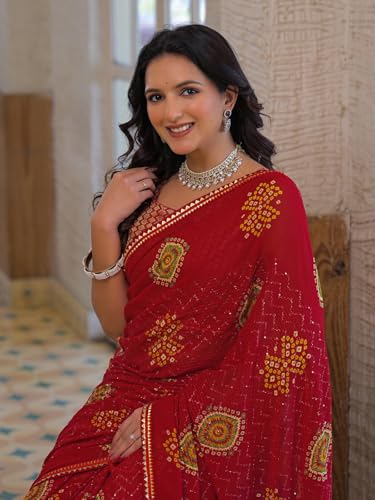 Image of SIRIL Women's Bandhani Printed Embroidery Georgette Saree with Unstitched Blouse Piece