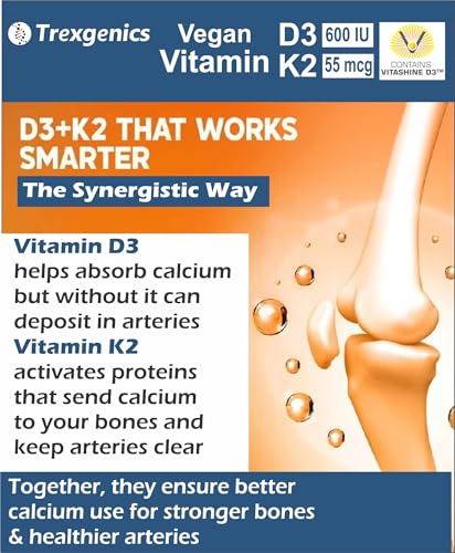 Image of Trexgenics VITAMIN D3 + K2 SYNERGY, 600 IU from Vitashin D3 Lichen + TRANS K2 as MK7 55 mcg Bone, Cardiovascular, Immunity (60 Veg Capsules)