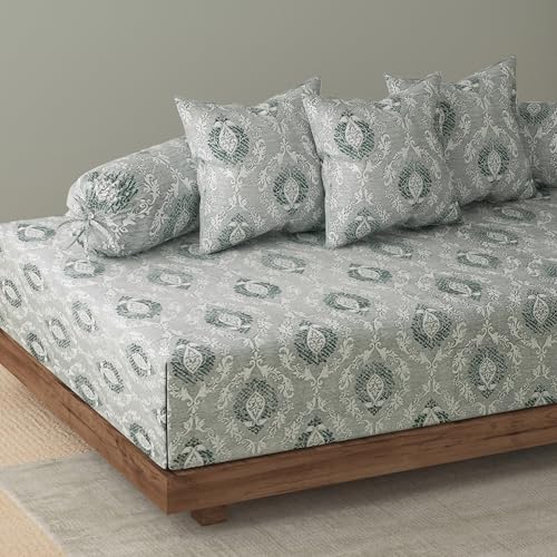 Image of Swayam 210TC Diwan Set Pure Cotton 6 Pcs | Deewan Ethnic Motif Printed Bedsheet Set for Living Room Hall (1-Bed Sheet 60x90 Inch | 2-Bolster Cover 30x30 Inch | 3 Cushion Cover 16x16 Inch) - Grey