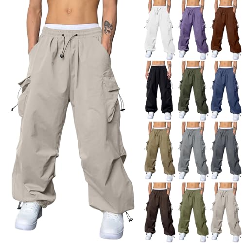 Generic Cargo Pants for Men Drawstring Elastic Waist Lounge Parachute Pants Solid Color Trendy Trousers with Pocket