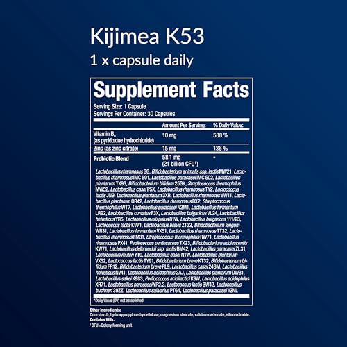 Image of Kijimea K53, 53 synergistic probiotic strains, High Diversity, Zinc & Vitamin B6. Supports a Healthy Gut microbiome and intestinal Regularity, for Women & Men, No Refrigeration, 30 Capsules