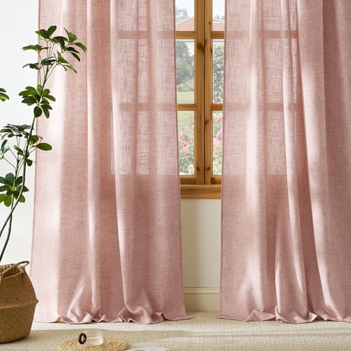 NICETOWN 230 GSM Rich Linen Blend Pink Curtains for Girls Room, Rod Pocket & Back Tab Thick Romantic Semi Sheer Privacy with Light Filtering Window Tr