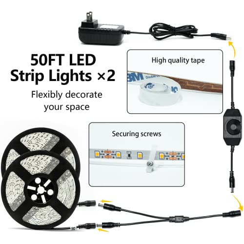 Image of LED Strip Lights 100ft Dimmable 3000K Bright Warm White Strip Lighting, 30M 1800 LEDs 2835 Flexible Ribbon Light 12V LEDs Tape LED Lights for Bedroom Kitchen Home Decoration