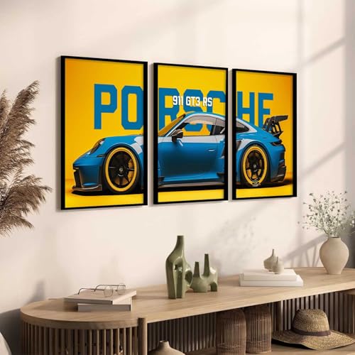 Image of HOMESY Sports Car Framed Posters Gift Items for Boys Room | Wall Decoration for Bedroom Living Room Office Gaming Room Decor | Sports Car Poster with Frame for Wall Decor Set Of 3 Size (13x17 inch, BLACK)