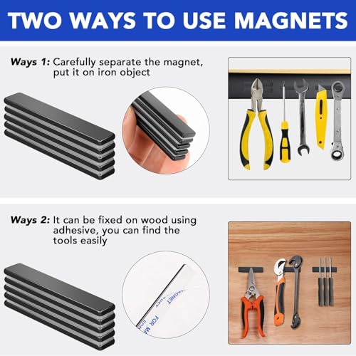 Image of MIKEDE 10 Pack Neodymium Bar Magnets with Adhesive Backing 60x10x3mm Black | Fridge Magnetic Strips Refrigerator Blocks Crafts Extra Super Sticky Bar for Science Experiments Classroom Craft Office