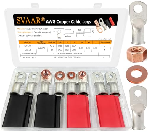 Cosses 2/0 AWG SVAAR en cuivre étamé avec bornes 3/8 et 5/16 pouces pour câble de batterie