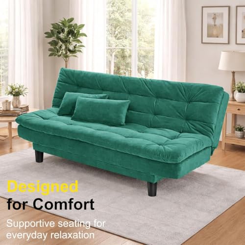 Image of Modern Three Seater Sofa Cum Bed with Cushions, Foldable Couch, Velvet Fabric Sleeper Sofa for Living Room, Guest Room, Green