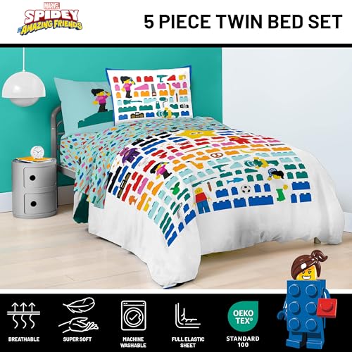 Image of Jay Franco Kids Comforter Set Includes Sheets and Pillow Covers - Soft and Cozy Bed Set for Stylish Room Decor, Official Licensed Bedding, White - LEGO, 5 Piece Twin