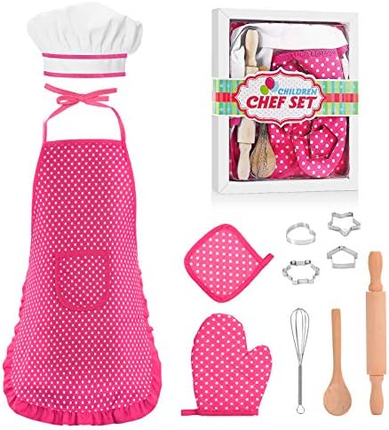 Popular Gifts for 2-8 Year Old Girls Boys, Chef Costume Set for Kids Apron for Girls Kids Chef Hat and Apron Toddler Cooking Toys Birthday Xmas Gifts for kids Stocking Stuffer for Toddlers Pink