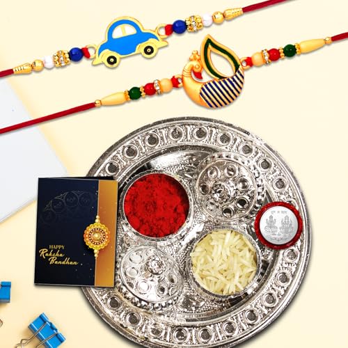 Image of Oblivion Mixed Design Multicolour Beaded Rakhi Set of 2 for Brother with Silver Colour Pooja Coin, Pooja Thali and Greeting Card for Raksha Bandhan