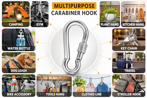 Image of Heavy Duty GI Carabiner Hook Screw Lock Carabiner Hook | Multipurpose Utility Clips for Keys, Bags, Bottles & Daily Use, Pack of 6 for Camping, Climbing, Hammock, Dog Leash, Swing (6)