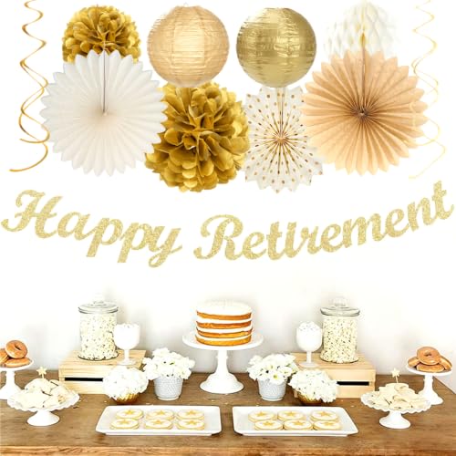 Image of Beige-Gold Happy Retirement Party Decorations Banner Women Men Huglony | 21pcs Retiree Farewell Banner,Streamers,Paper Lanterns,Pom Poms Fans,Work Teacher Retirement Supplies Backdrop Favors