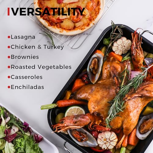HONGBAKE Small Roasting Pan with Flat Rack for 15 Lb Turkey, 16 X 11.5 Inch Nonstick Chicken Roaster Tray for Oven, Baking Pans for Cooking Lasagna with Stainless Steel Handles - Thumbnail 6