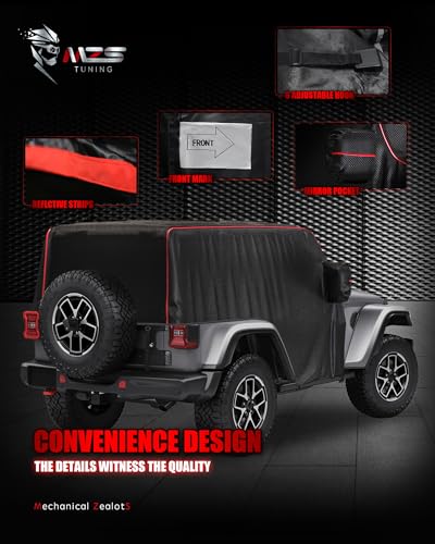 Image of MZS Cab Cover Compatible with Wrangler JK JL 2 Door 2007-2026, 600D Waterproof Wrangler Cover with Mirror Pocket 6 Gust Hook Car Half Cover Windproof Sun Snow Rain Scratch Protection
